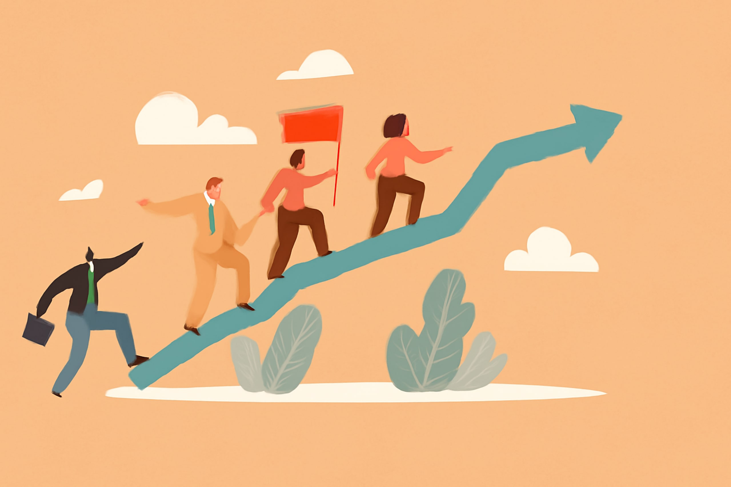 Three people climb an upward arrow, symbolizing growth, with one holding a red flag. A fourth person follows, holding a briefcase.
