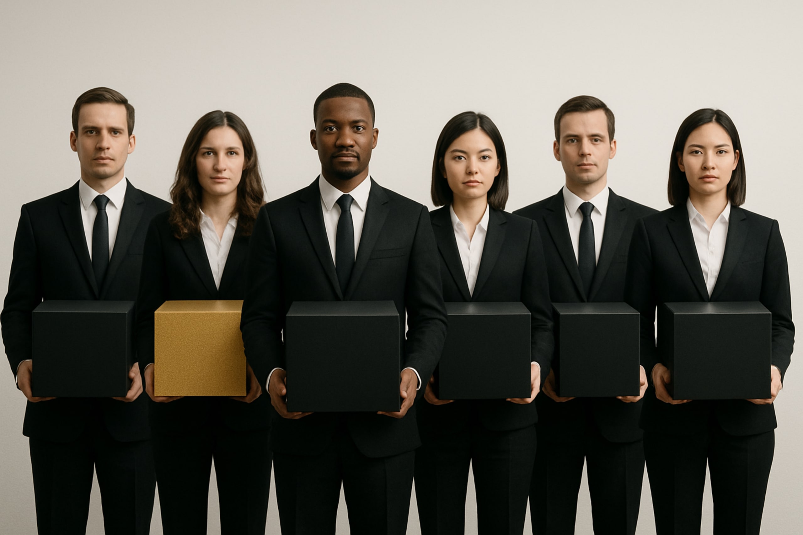 Six people in suits stand in a row holding boxes, with one gold box among black ones, against a plain background.