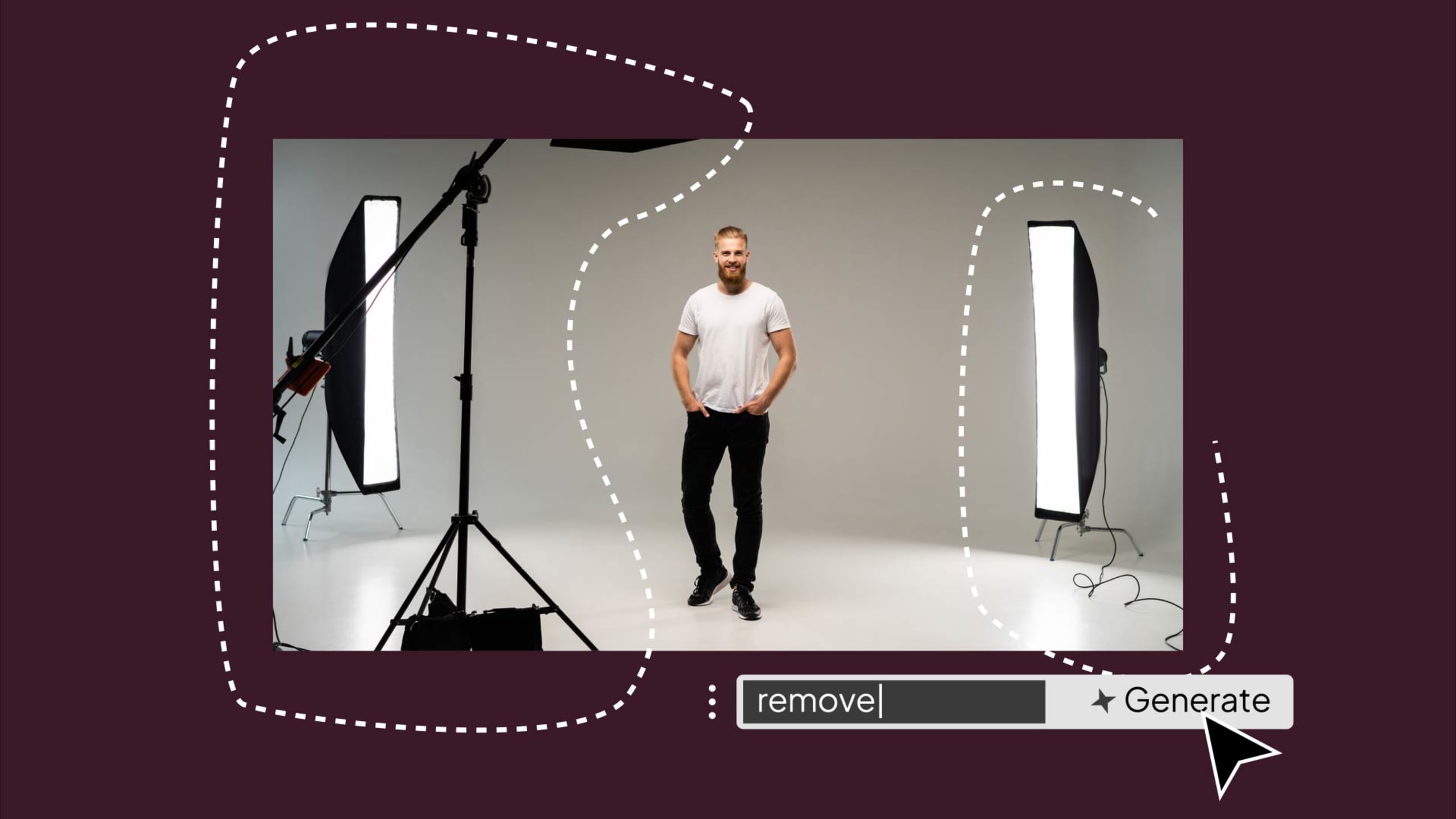 Man in white T-shirt and black pants stands in a photography studio with two large softbox lights and a dark backdrop with graphic elements.