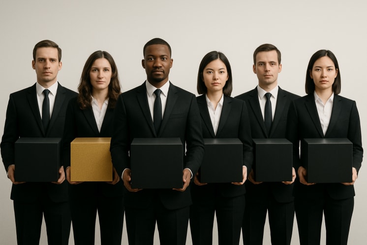 Six people in suits stand in a row holding boxes, with one gold box among black ones, against a plain background.