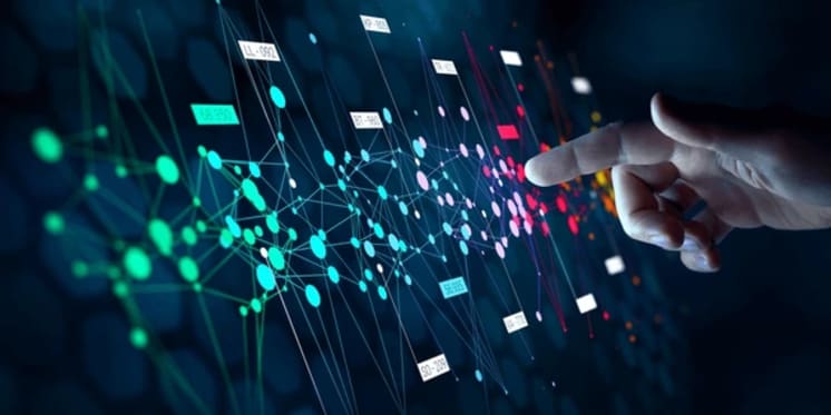 A hand interacts with a digital network of colorful nodes and connecting lines, symbolizing data exchange and technology.