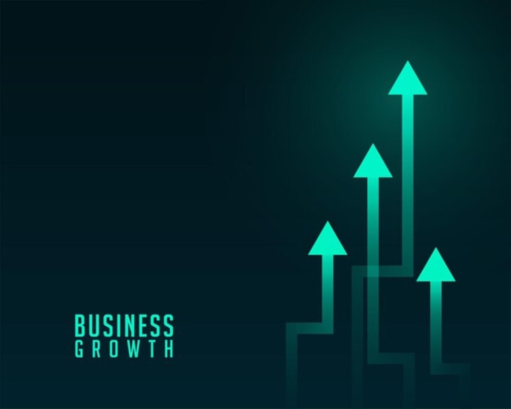 Green upward arrows on a dark background symbolize business growth, with the words "Business Growth" in the bottom left corner.